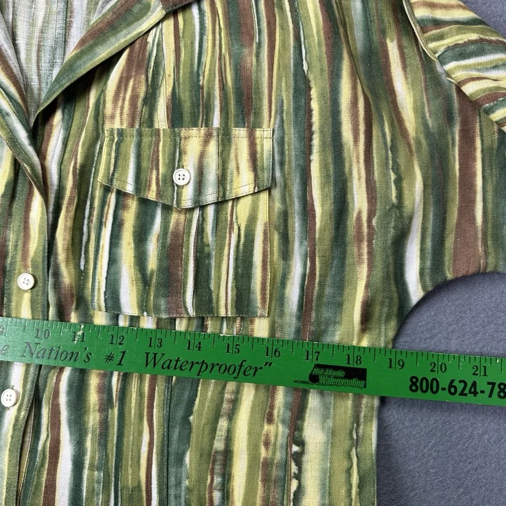 Lafayette 148 Shirt Women 8 Green Brown Linen Stripe Button Up 3/4 Sleeve Pocket - Picture 5 of 8